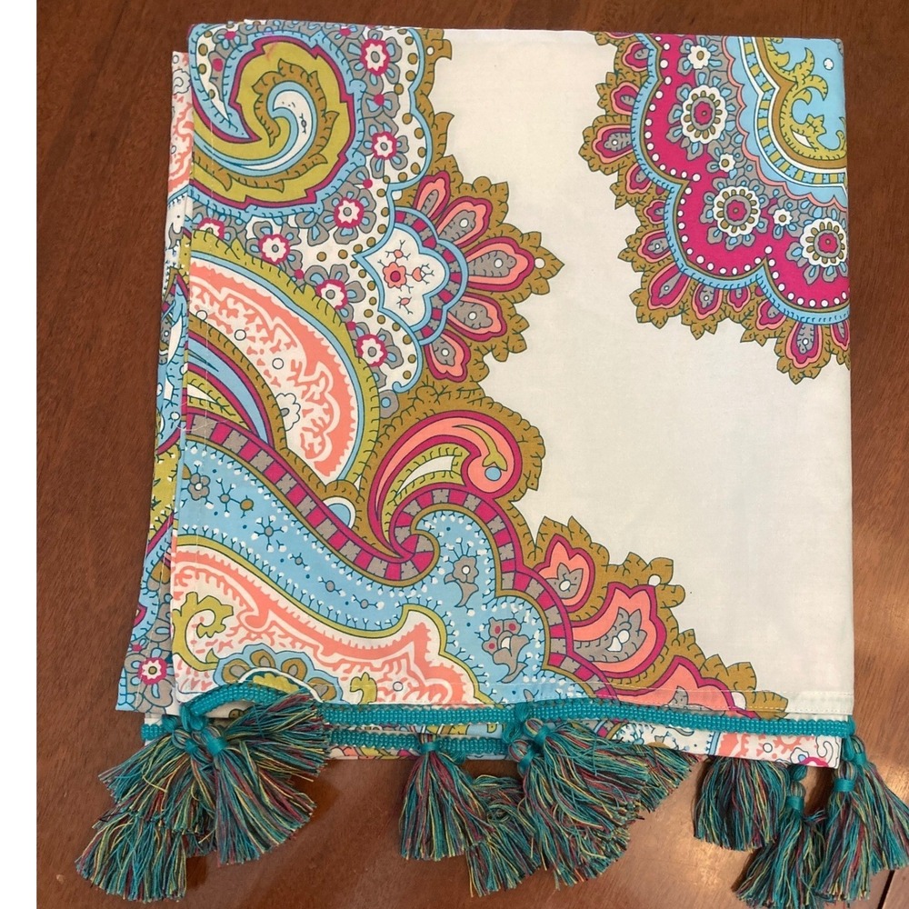 Xhilaration Square Paisley Medallion Tablecloth Turquoise Pink Tassels 57x57